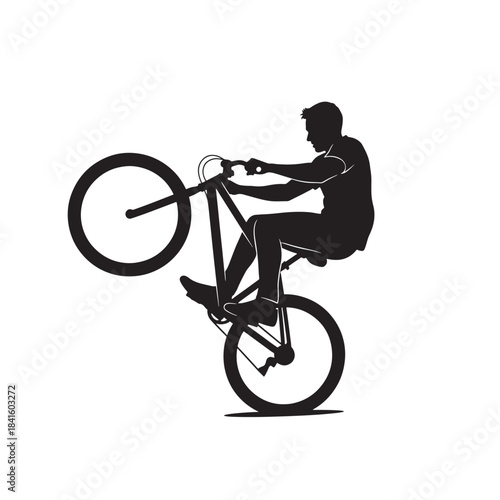 Man Riding Bicycle Wheelie on White Background