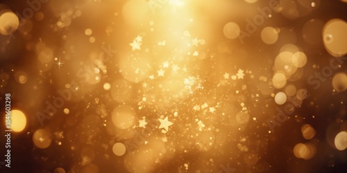 Gold-themed holiday background illuminated with Christmas lights, blinking stars and sparks, New Year festive decoration