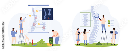 Diagnosis of spinal disease, orthopedic rehabilitation and manual treatment set. Tiny people research xray of human spine with chronic pain, work with backbone and injury cartoon vector illustration