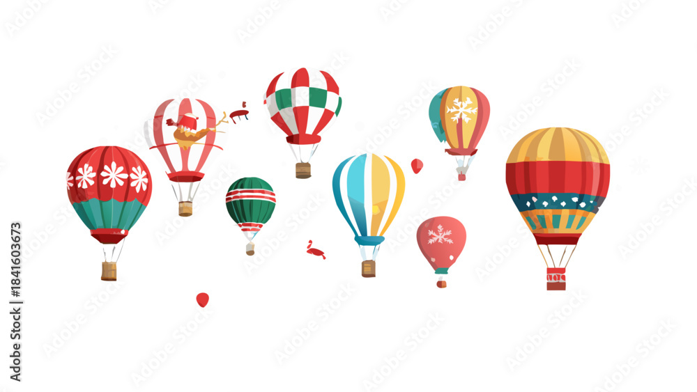 Naklejka premium Dozens of Christmas-themed hot air balloons floating through a snowy sky, decorated with lights, bells, ribbons, cheerful holiday designs
