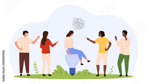 Group of diverse people pointing at a sad woman sitting on a lightbulb, symbolizing bullying, failure, and mental health struggles, flat isolated vector illustration