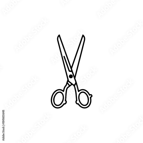 Simple line art drawing of a pair of scissors with open blades and handles isolated on transparent background