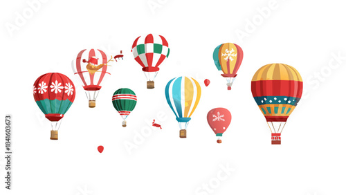 Dozens of Christmas-themed hot air balloons floating through a snowy sky, decorated with lights, bells, ribbons, cheerful holiday designs