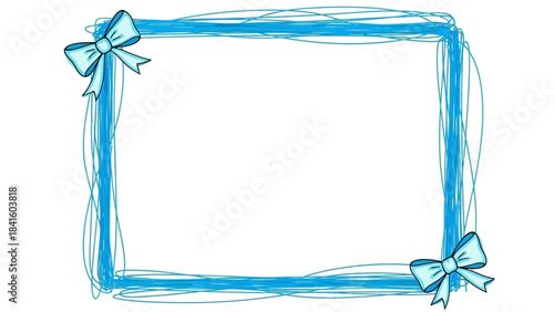Blue sketch frame with ribbons and bows on white background for photo or text