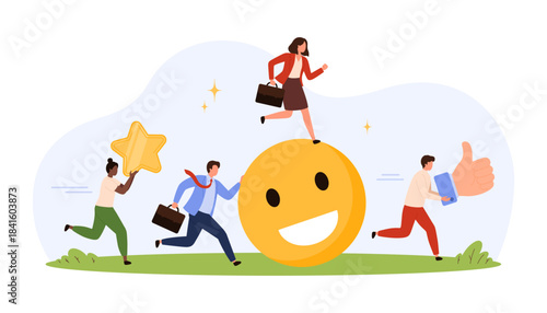 Business people celebrating success with giant smiley face, star, and thumbs up symbolizing positive feedback, motivation, achievement, and teamwork isolated vector illustration