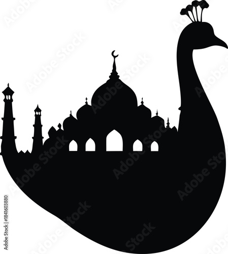 Combining a majestic peacock silhouette with the iconic Taj Mahal structure creates a unique cultural symbol