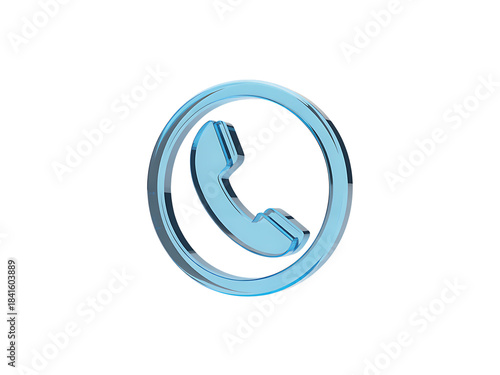 Glossy light blue glass telephone icon representing communication and contact isolated on black background