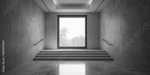 Monochrome image of a sizable window with steps, suitable as a backdrop for layout and text placement