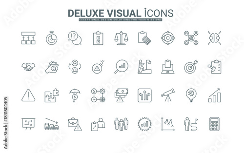 Strategy and control risk, manage reports, analysis of business solutions thin black outline symbols vector illustration. Crisis management, protection of financial investment line icons set.