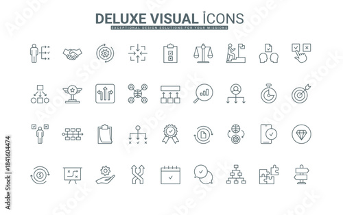 Handshake of agreement, checklist and document on clipboard validation thin black outline symbols vector illustration. Approval of decisions, achievement and challenge at work line icons set.