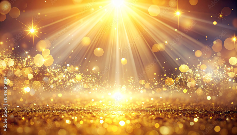 Obraz premium Dreamy glowing scene filled with soft light rays, golden bokeh orbs, subtle sparkles and magical glitter