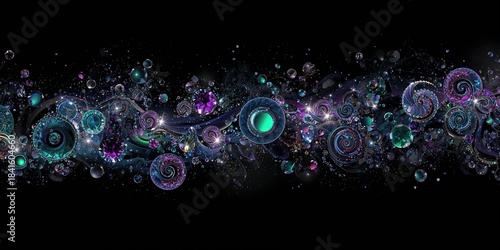 Abstract geometric design composed of circular and spiral shapes made from cabochon jewels and liquid droplets, suitable for modern backgrounds