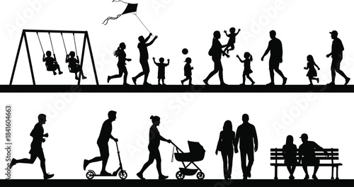 Black Silhouette People Outdoor Activities Vector 