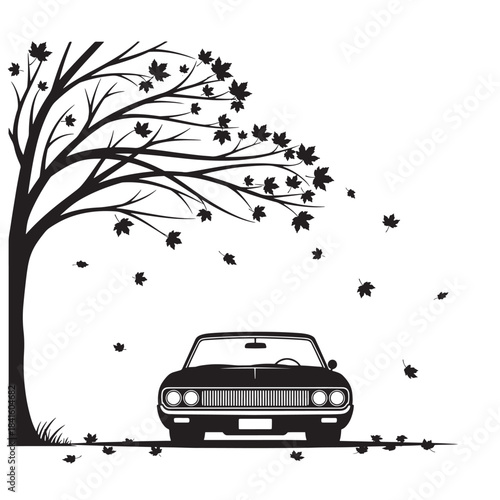 Classic car parked under an autumn tree with falling leaves, black and white vector illustration