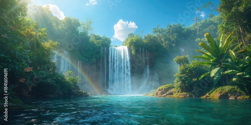 Mighty Kayetur waterfall plunging into the Potaro river, vibrant jungle scenery under bright sunlight, environmental conservation day