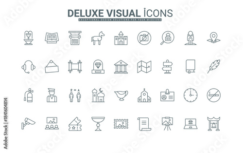 Sculpture, statue, and picture collection of thin black outline symbols vector illustration. City museum exhibit and building, heritage gallery of history and culture, archeology line icons set.