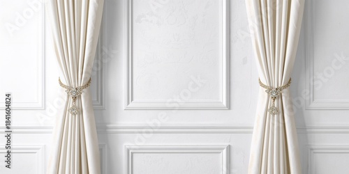 Metal holdbacks and hooks for curtains arranged on a background, used to secure drapes efficiently, interior decor accessories