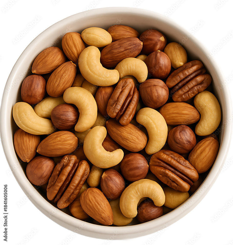 Obraz premium Mixed nuts in bowl, isolated white background, 8K