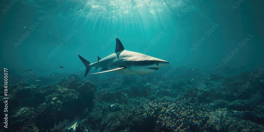Fototapeta premium Cuban grey reef shark gliding through coral reef habitat, highlighting underwater biodiversity
