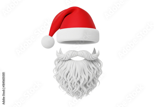 Classic Santa Claus Hat and White Beard 3D Render Isolated on White Background for Festive Christmas Holiday Season Design
