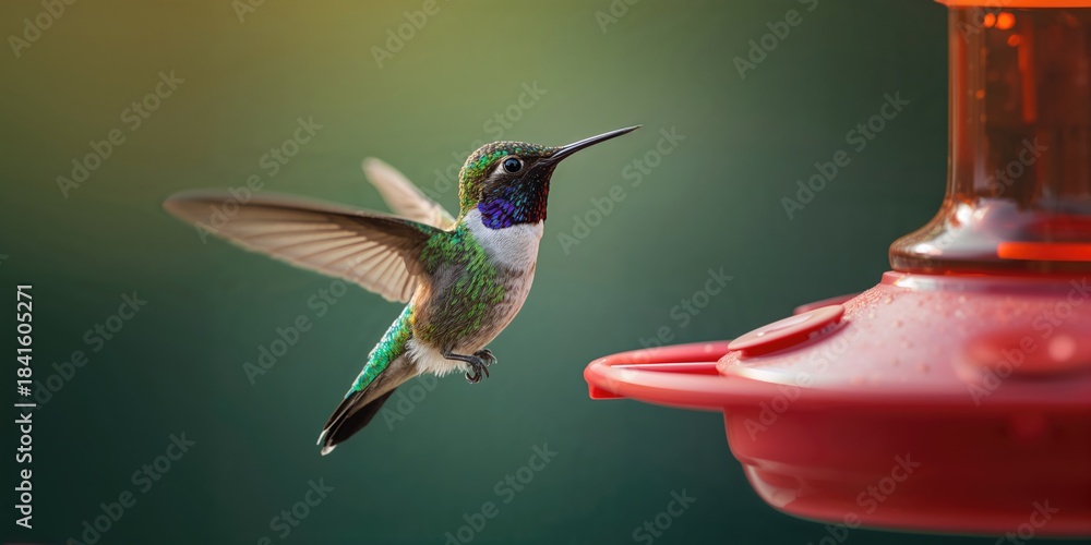 Obraz premium Closeup of a small hummingbird at a bird feeder against a soft background, highlighting birdwatching and wildlife engagement