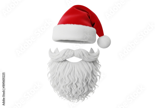 Classic Santa Claus Hat and White Beard 3D Render Isolated on White Background for Festive Christmas Holiday Season Design