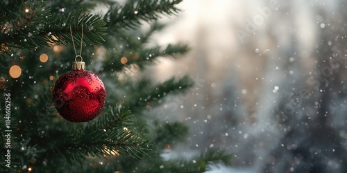 Fototapeta Naklejka Na Ścianę i Meble -  Closeup of a small decorative red apple on a Christmas tree in the street, seasonal decoration for holiday festivities
