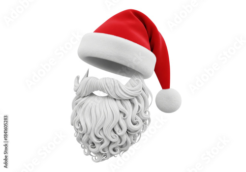 Classic Santa Claus Hat and White Beard 3D Render Isolated on White Background for Festive Christmas Holiday Season Design