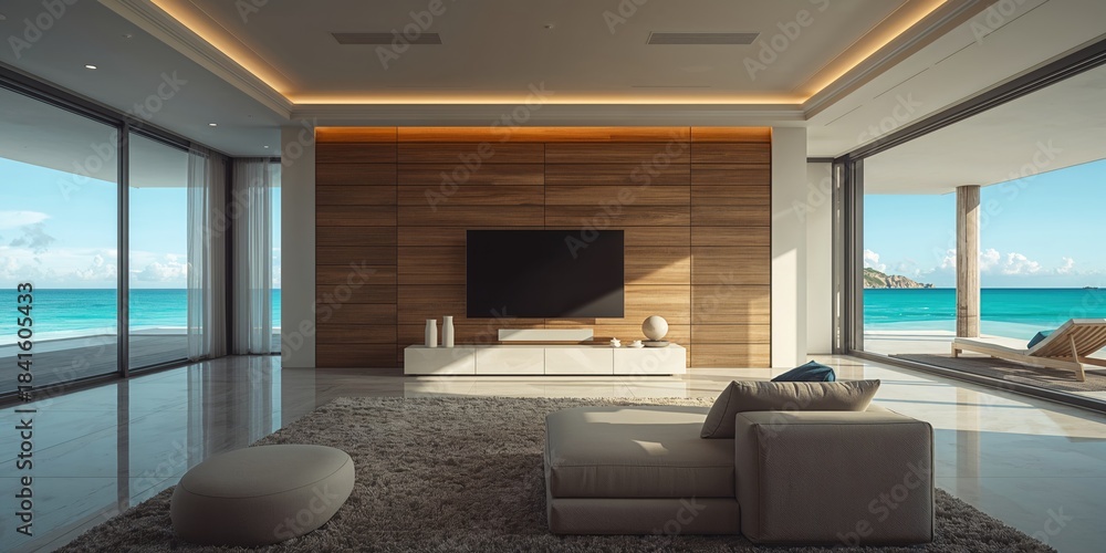 Obraz premium Coastal villa interior featuring a sea view and entertainment setup with a wall-mounted TV, highlighting modern home layout