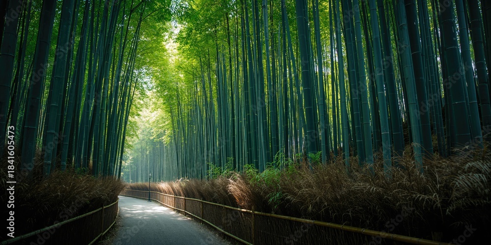 Fototapeta premium Sagano Bamboo Grove dense stalks used as a natural backdrop for design projects
