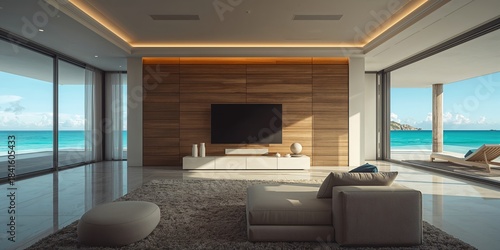 Coastal villa interior featuring a sea view and entertainment setup with a wall-mounted TV, highlighting modern home layout