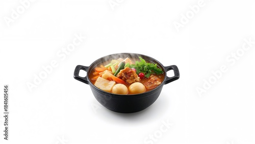 Fishcake served with fish and vegetable broth in a traditional iron pot, highlighting meal assembly