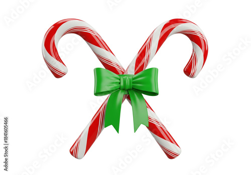 Classic Christmas Candy Canes with Green Bow - Festive Red and White Striped Holiday Treat 3D Render