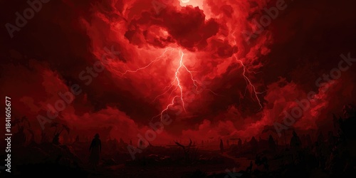 Dramatic hell realm scene with dark red apocalyptic sky and lightning, visual representation of judgement day and eternal damnation