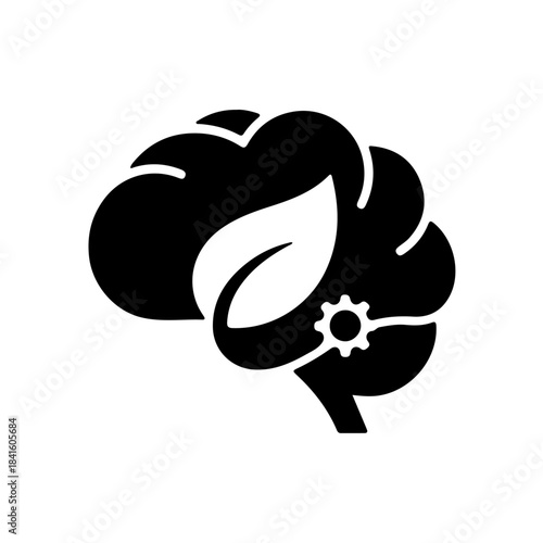 A stylized brain icon combining natural growth and mechanical thought processes isolated on transparent background
