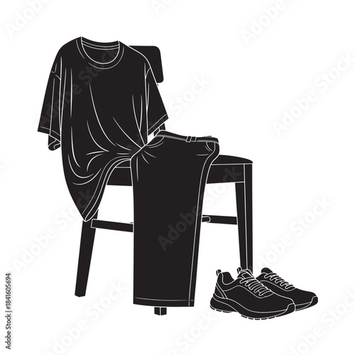 Black Casual Outfit with Sneakers on Chair Isolated on White