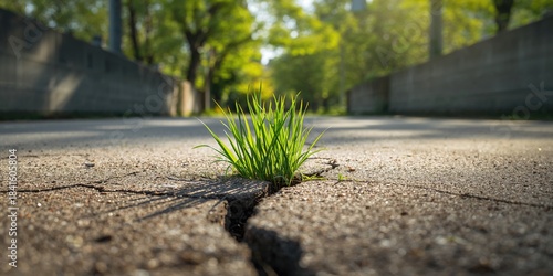 Fototapeta Naklejka Na Ścianę i Meble -  Grass growing through concrete cracks, urban erosion risk