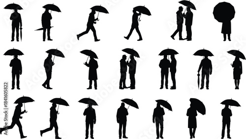 Set of Silhouettes of People Walking and Standing with Umbrellas, Including Couples and Individuals, Representing Rainy Weather, Protection, Walking Outdoors, and Winter Seasons.