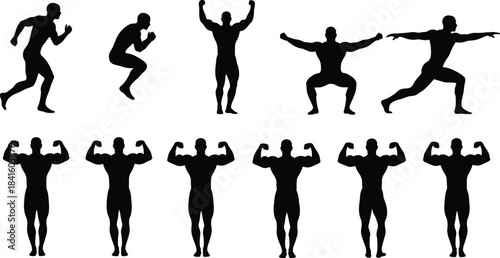 Vector Silhouettes of Bodybuilders Striking Poses, Flexing Muscles, and Performing Squats and Lunges, Representing Fitness, Strength, Power, and Athletic Competition Training.
