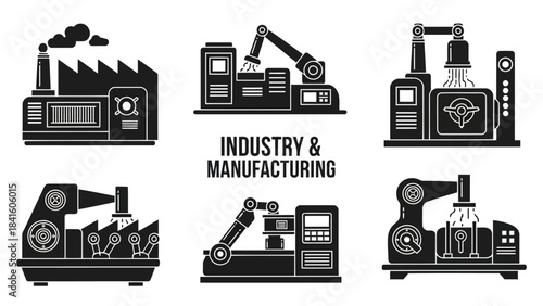 Industry and manufacturing themed vector icons showcasing factories, industrial machines, and robotic arms for various production processes and assembly lines