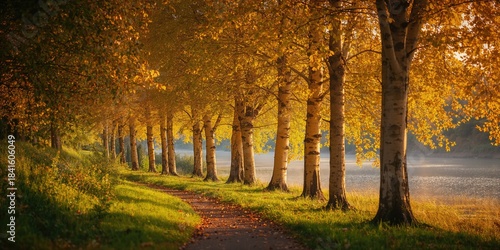 Wallpaper Mural Autumn scene of a birch tree alley with yellow and golden foliage illuminated by sunlight, suitable for peaceful strolls and nature listening by the river Torontodigital.ca