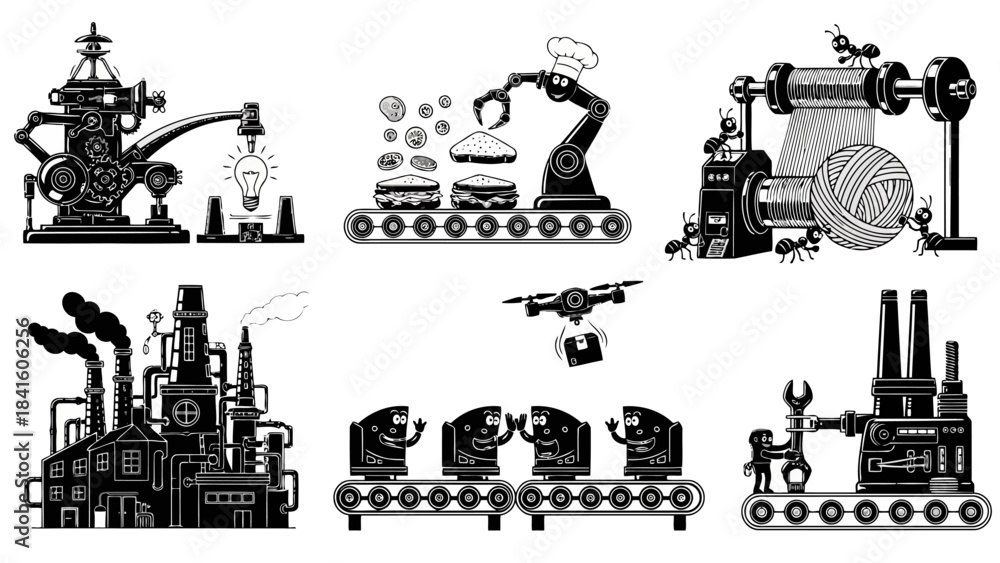 Fototapeta premium Innovative industrial production and automation set: factory creating light bulbs, robotic burger assembly, ant teamwork in textile, drone delivery, and packaging solutions