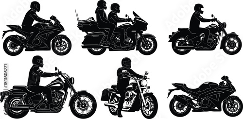 Black Silhouette Vector Illustration Set of Diverse Motorcycle Riders, Featuring Single and Tandem Couples on Sport, Cruiser, and Touring Bikes for Outdoor Adventure Design.