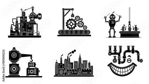 Black and white vector illustration of various industrial machines conveyor belts and robotic arms in a factory setting
