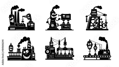 Industrial factory production machines set: black and white factory with funny faces, manufacturing processes, and industrial equipment illustrations in monochrome style