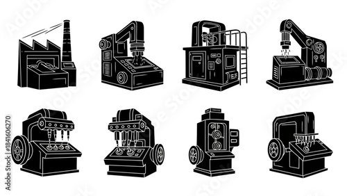 Industrial production machinery collection: diverse set of factory equipment, stamping presses, automation machines, and manufacturing tools in monochrome style