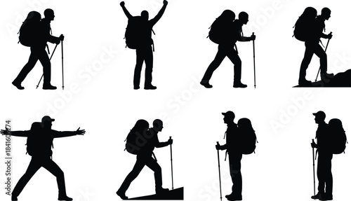 Vector Silhouettes of Hikers and Trekkers Carrying Backpacks and Using Trekking Poles, Representing Mountaineering, Outdoor Adventure, Travel, and Nature Exploration Activities.