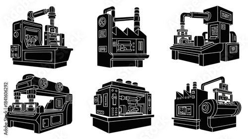 Industrial factory machine set collection in black and white style showing various manufacturing equipment and heavy machinery on white background