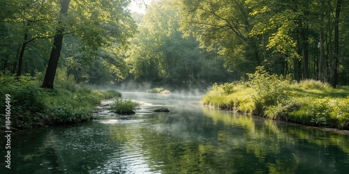 Fototapeta Naklejka Na Ścianę i Meble -  River flowing through a lush forest during a warm summer morning, natural preservation