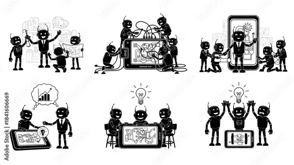 Fototapeta premium Robots working together on innovation and strategy development black and white vector set, artificial intelligence business collaboration in technology industry